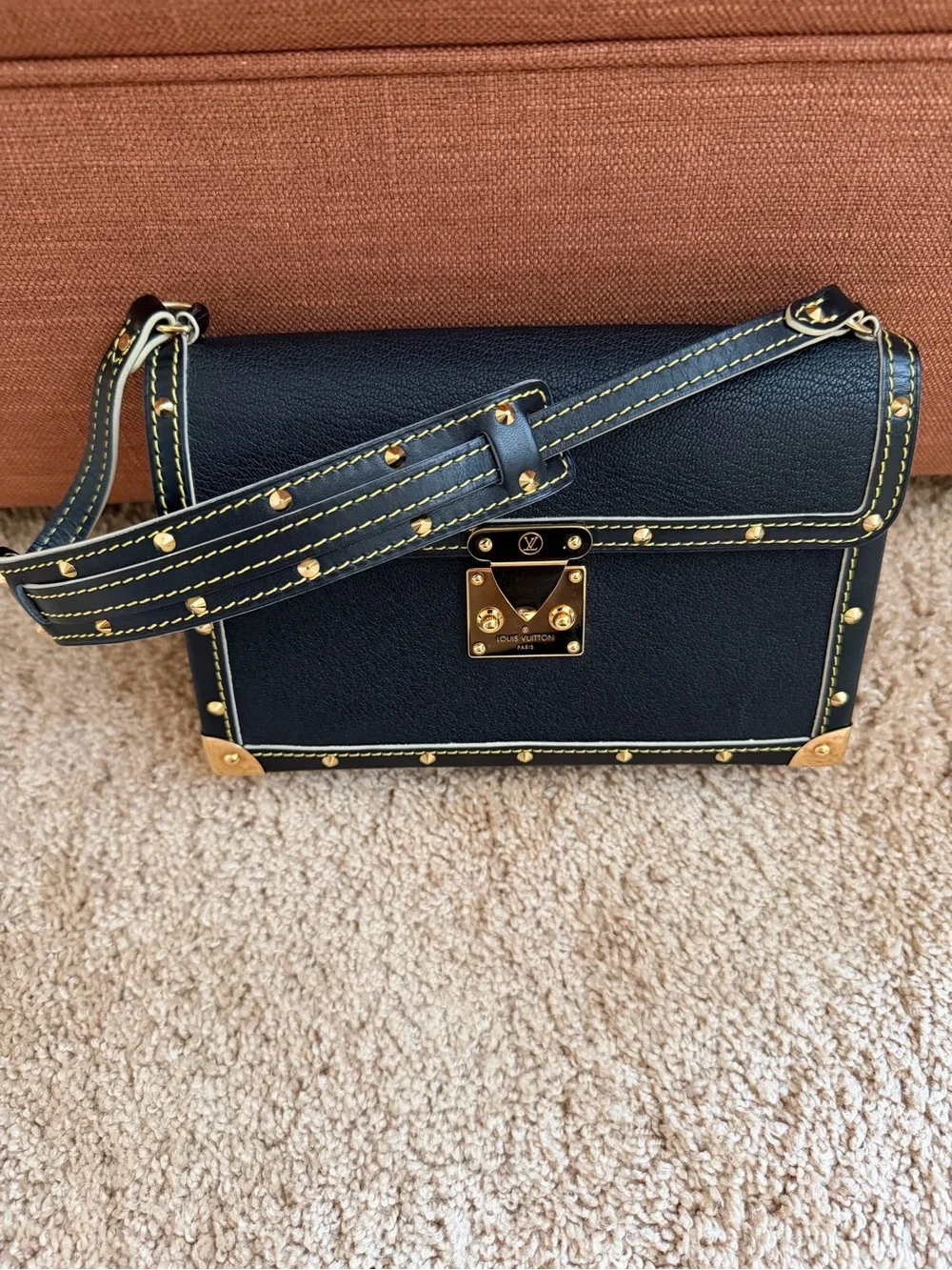 Louis Vuitton Black Suhali Leather Satchel with Gold Stud Accents